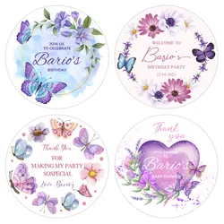 Custom Butterfly Birthday Favor Sticker Lables Birthday Thank You Sticker Garden Shower Pink Gold Girl Fluttering Floral Purple
