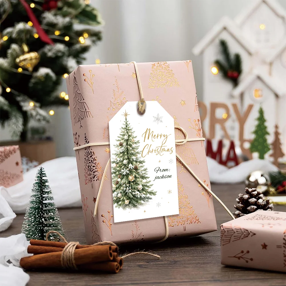 40 Pcs Custom Text Merry Christmas Gift Tags ,Watercolor Snowy Christmas Tree Personalized Hanging Labels,with Jute Rope