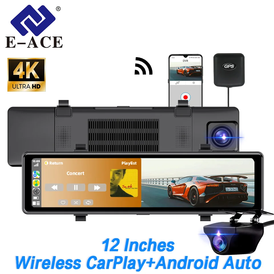 

E-ACE Car DVR 12” 4K Carplay Android Auto Dash Cam Mirror Video Drive SONY Sensor 1080P Rear Camera 5G Wifi GPS BT FM AUX