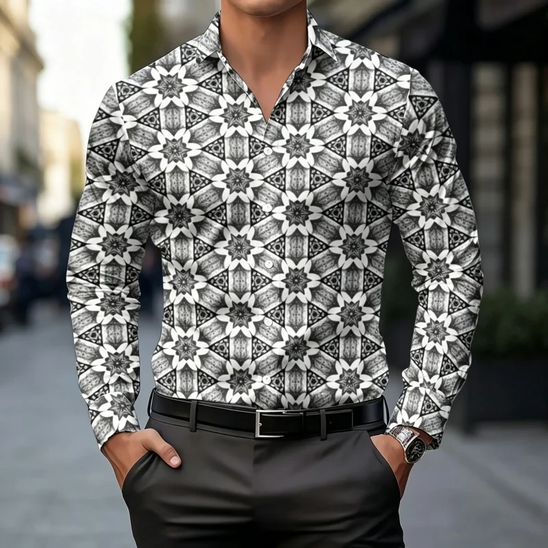 2026 new men's shirt fashion printed shirt light luxury retro pattern slim fit long sleeved men's business casual fashion top view 5