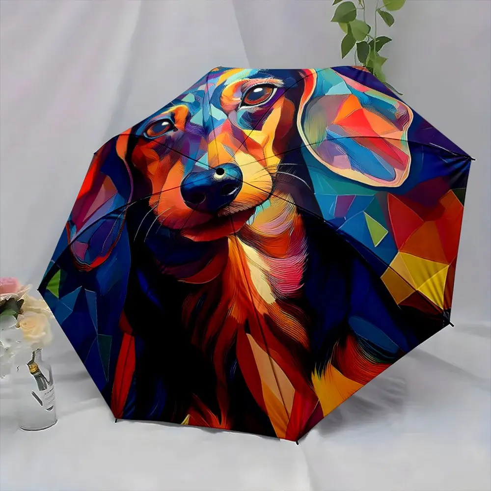 

Яркий портрет таксы на абстрактном фоне. Этот креативный складной зонт станет идеальным подарком на Рождество и другие праздники.