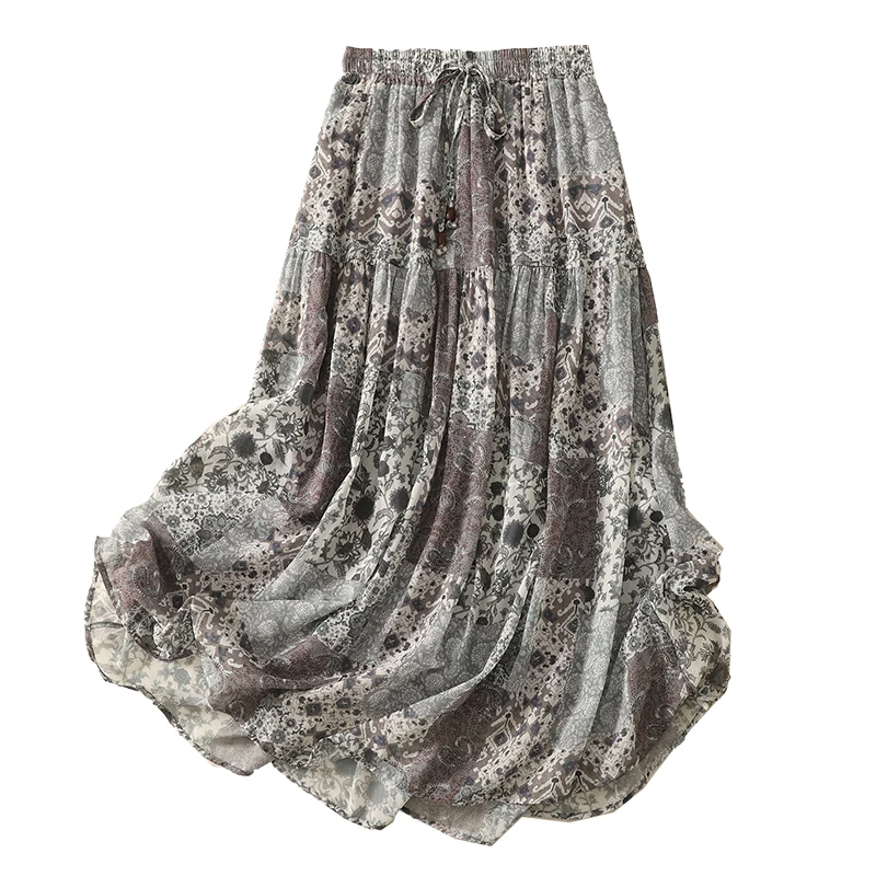 Ele Floral Luźna Spódnica Tortowa z Paskiem w Talii, Długość Midi, Wyszczuplająca, Nowa Letnia Moda, Uniwersalna, Bawełniana Spódnica Damska 00%