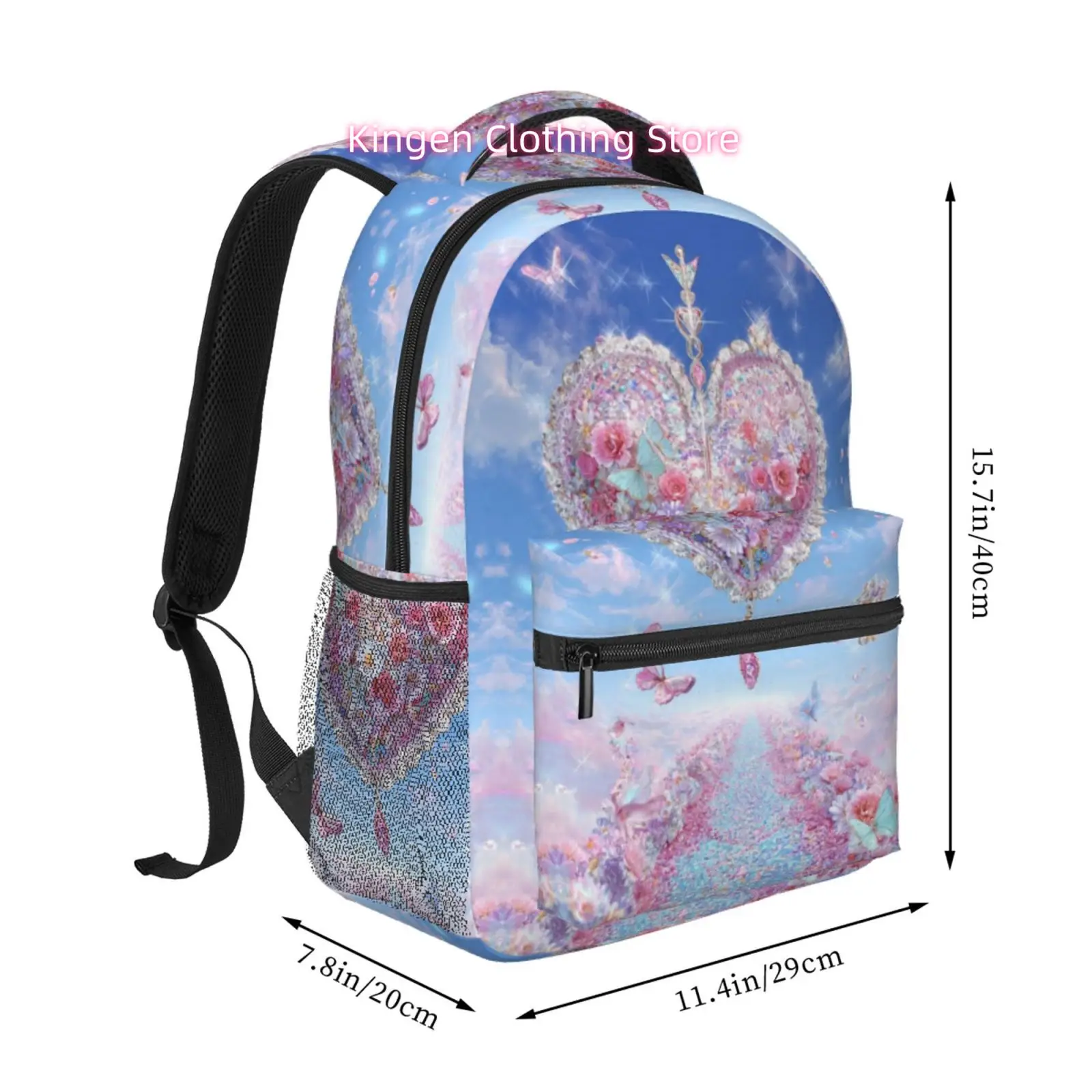 Pink Floral Heart with Magic Key and Butterflies Print Backpack, High Quality Oxford Cloth, Adjustable Shoulder Straps, for Dail