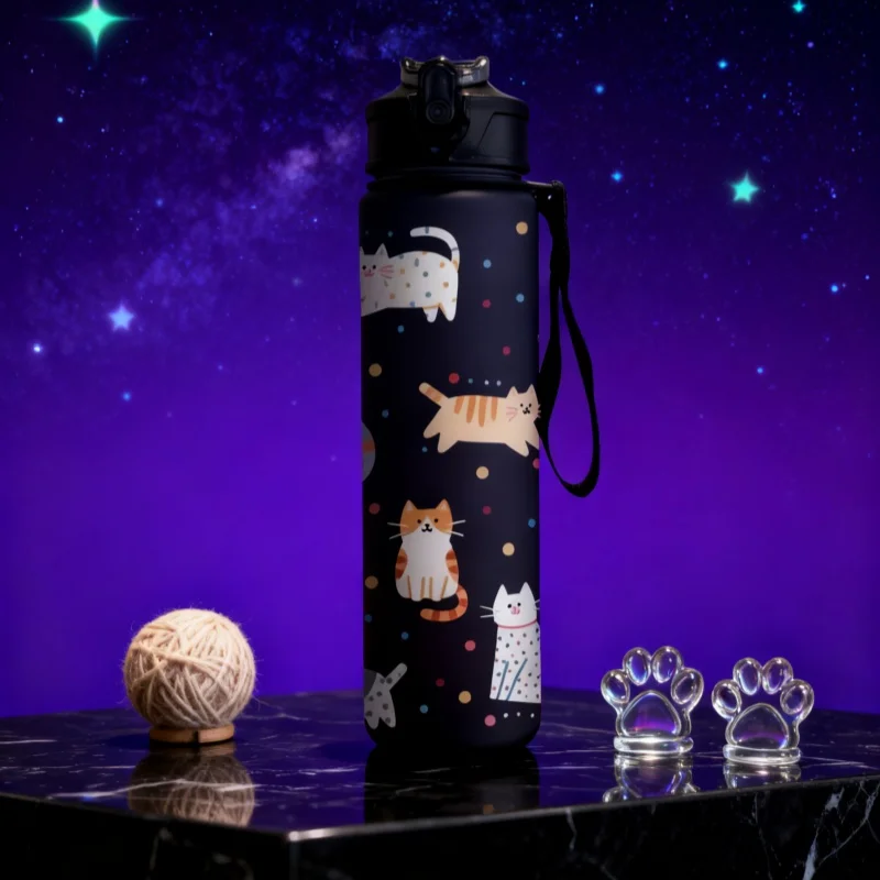 زجاجة مياه بنمط قطة كرتونية لطيفة مطبوعة ثلاثية الأبعاد - ملونة ومبتكرة ومضادة للتسرب، جسم غير لامع، مقاوم للبهتان، 750 مل