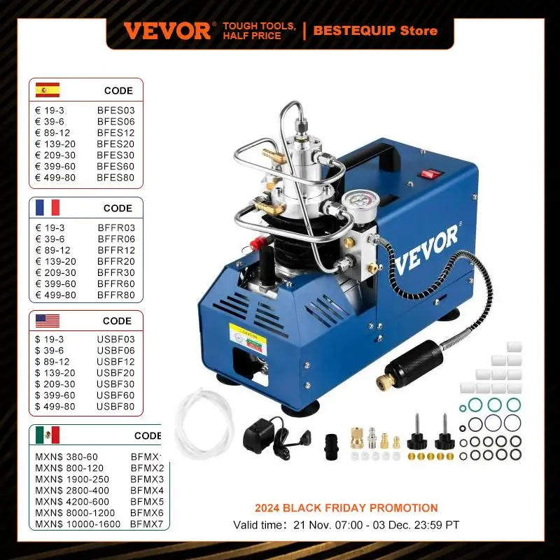 VEVOR 1800W High Pressure PCP Air Compressor Pump 4500PSI/30MPA/300BAR 220V Manual Stop for Paintball, Air Rifle, Diving Bottle