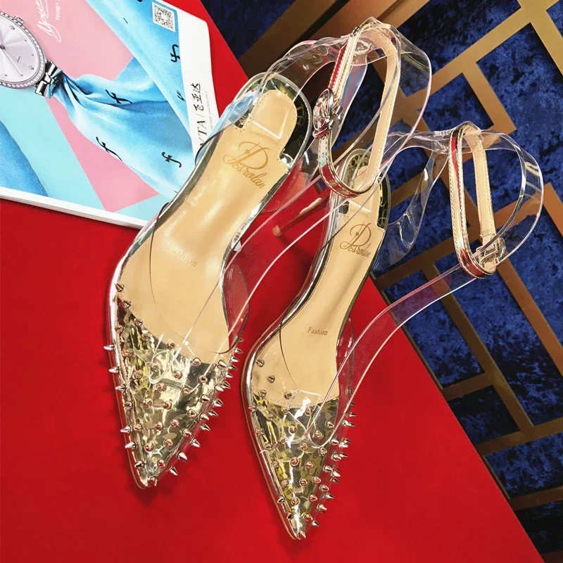 2024 Rivet pointed shoes, European and American celebrities, same high heels, transparent adhesive with hollow thin high heels