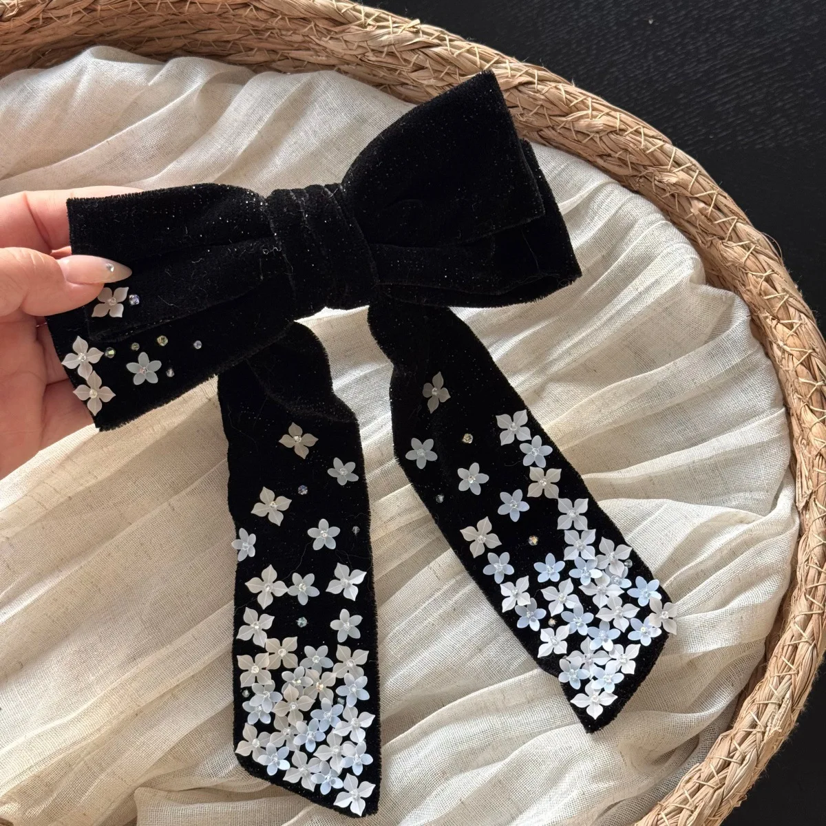 

New classic floral black bow hairpin versatile ribbon spring clip high-end delicate single clip hair accessory hair decoration