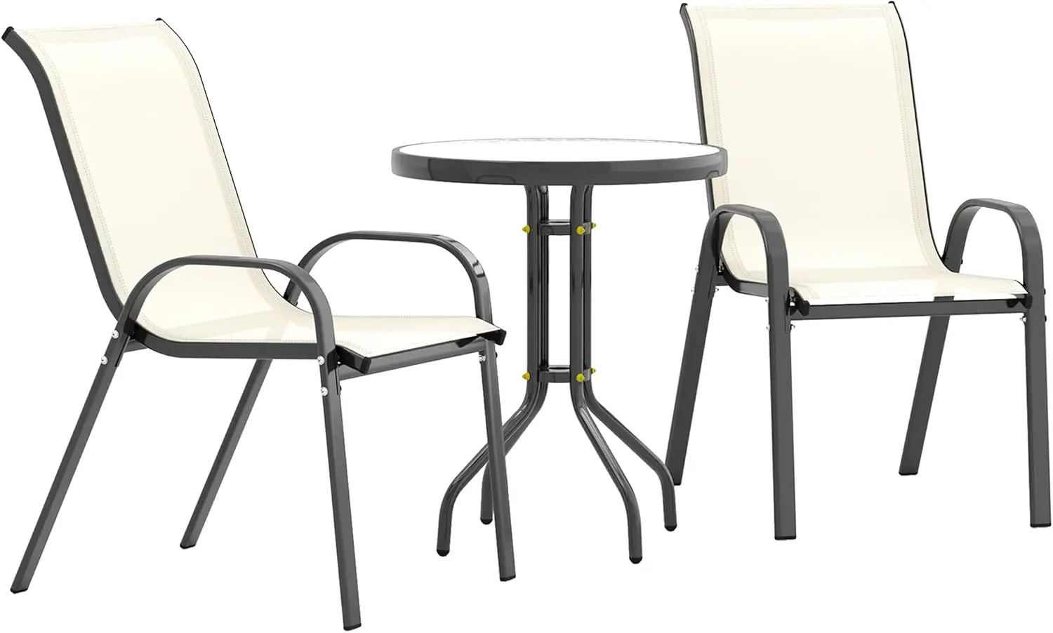 

3 Pieces Outdoor Bistro Set Small Patio Set with Stackable Mesh Chairs and Glass Top Table High Back Patio Furniture Set for Bac