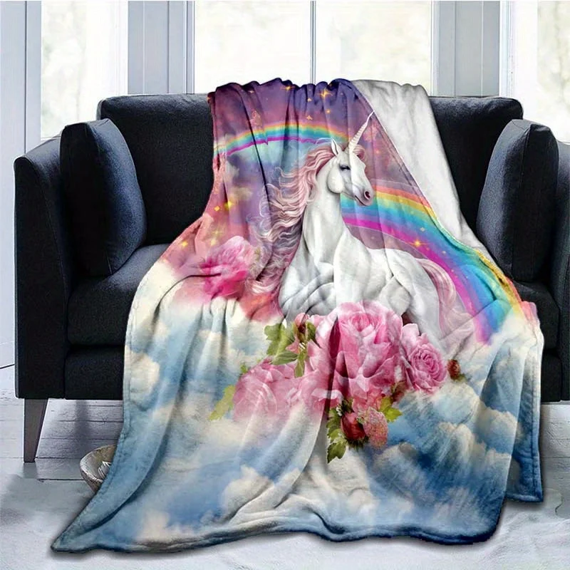 Elegant Rainbow Unicorn Throw - Tear-Resistant, Soft Flannel All-Season Blanket for Home, Travel & Camping