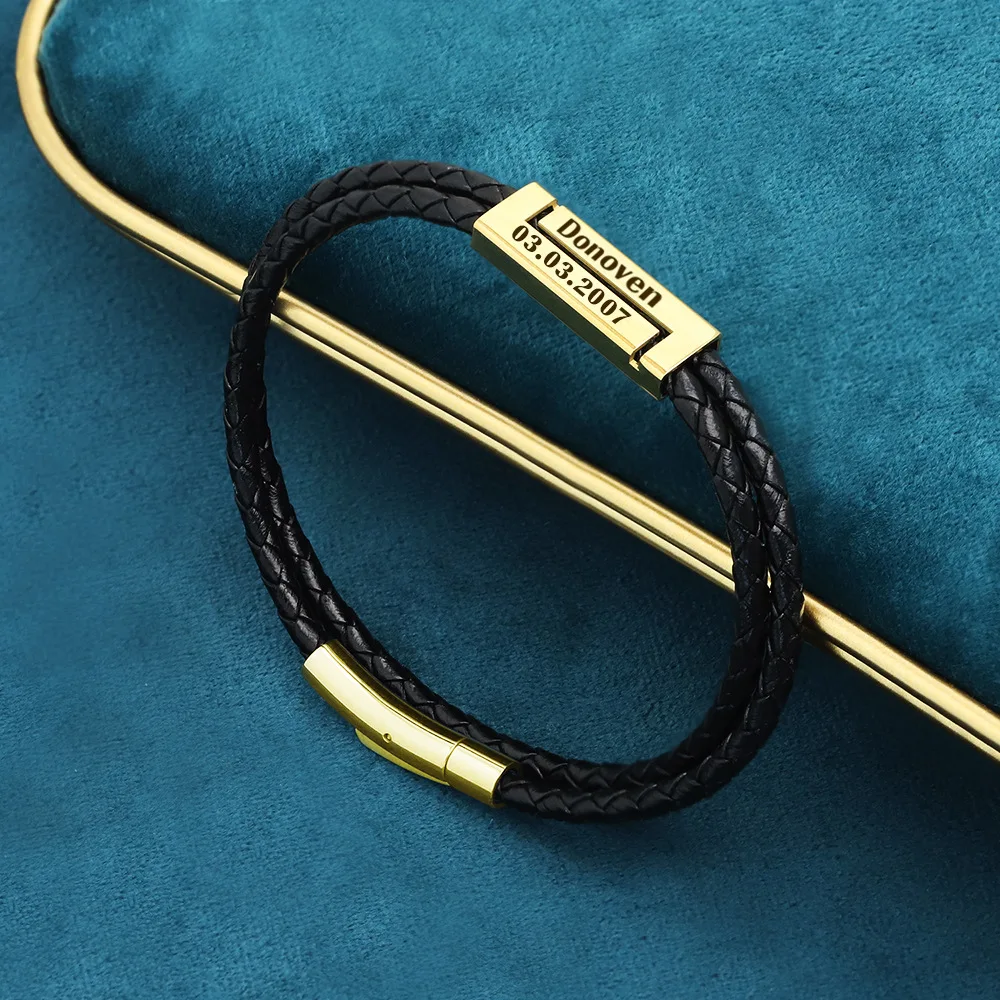 Personalized Engraved Simple Leather Bracelet Custom Name Date 18k Gold Silver Black Plated Braided Jewelry Gift for Fathers Day