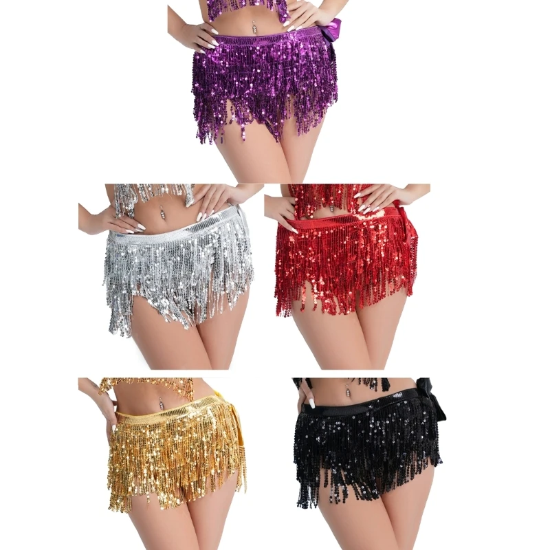 

Women Sparkling Sequins Belly Dance Skirt Tassels Hip Scarf Wrap Club Party Shimmering Fringe Skirts Festival Costume