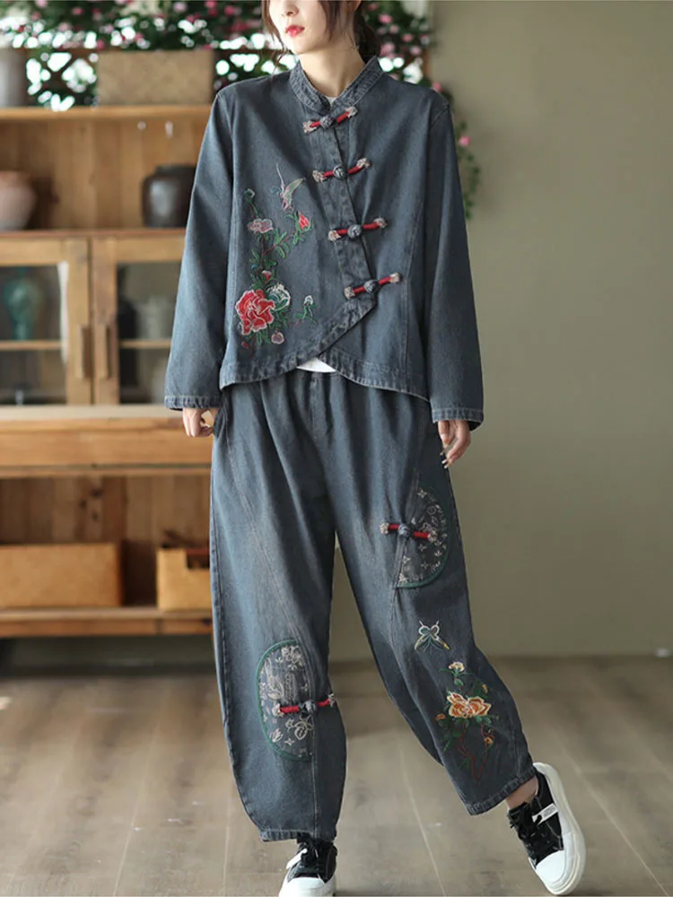 Max LuLu 2022 Fall Chinese Style Suits Womens Denim Floral Two Pieces Sets Loose Fashion Jacket Vintage Elastic High Waist Jeans