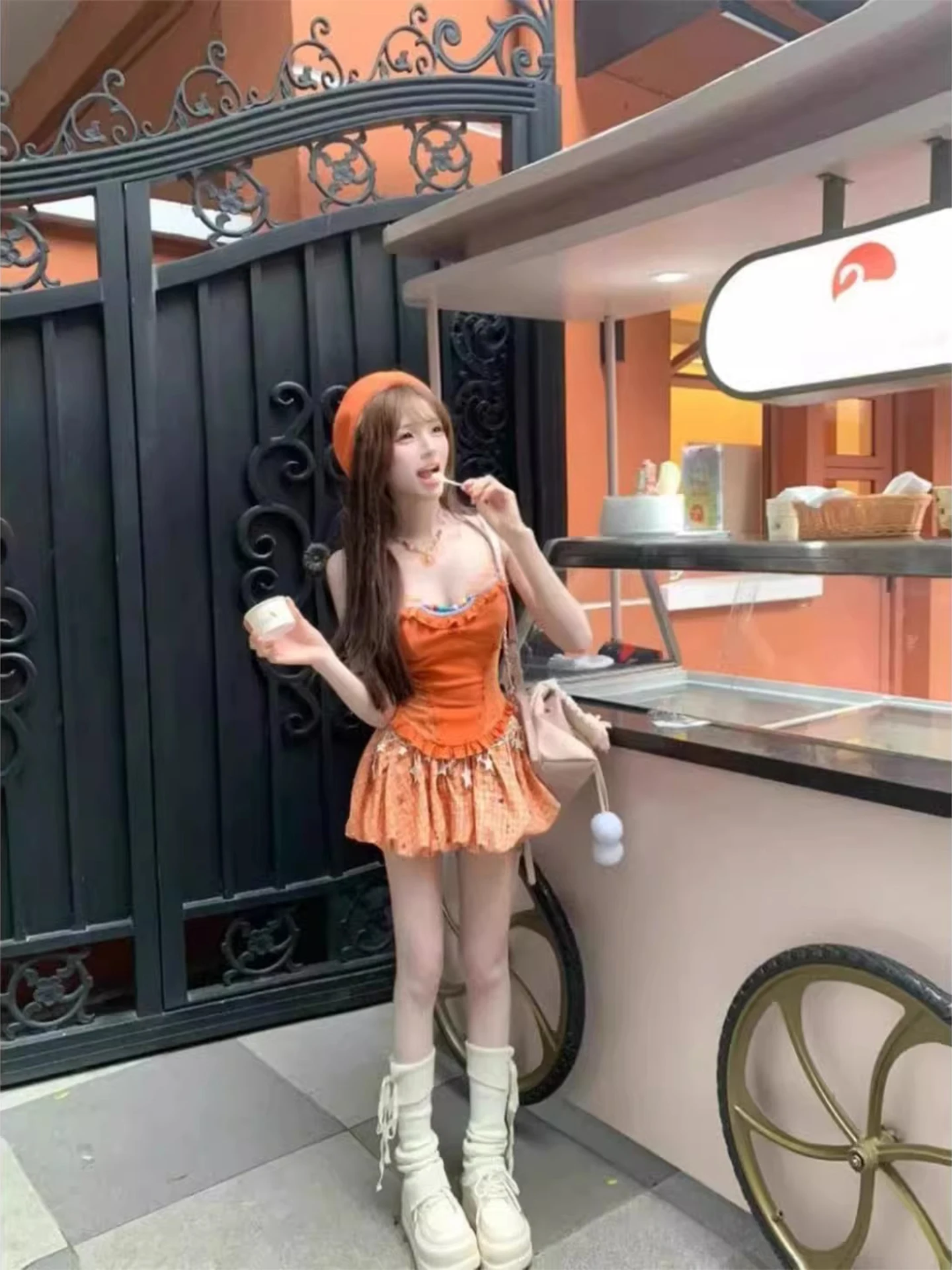 Dopamine  Orange Halter Top And Plaid  Skirt Set Women's Sweet Style Two-Piece Suit Summer Fashion Outfit Ensemble