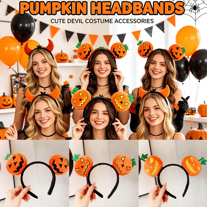 Devil Headband Halloween Costume Headpiece, Cartoon Funny Hair Hoop with Pumpkin Horns, Party Performance Toy Dress Up Accessory