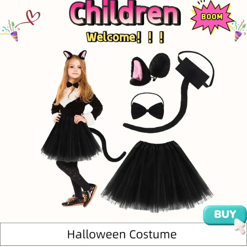 

Костюм черной кошки на Хэллоуин 2025 года с повязкой на голову с кошачьими ушками, галстуком-бабочкой и хвостом, необычный костюм для вечеринок