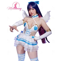 Mobbunny Women Sexy Sky Blue Lingerie Set V-neck Mesh Bodysuit and Skirt with Wings Sleeves Cosplay Costume