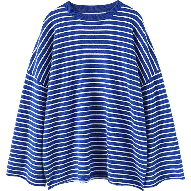 

Navy Style Striped Oversized Sweater Women 100% Cashmere Winter Warm New Latest Fashion for Women Clothes Loose