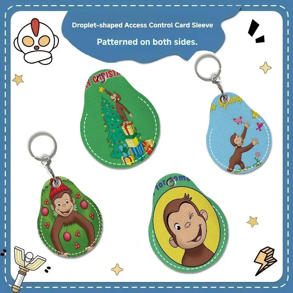 C-Curious G-George 1PCS PU Leather Keychain Protective Case Door Lock Access Control Tags Card Bag Key Tag Ring