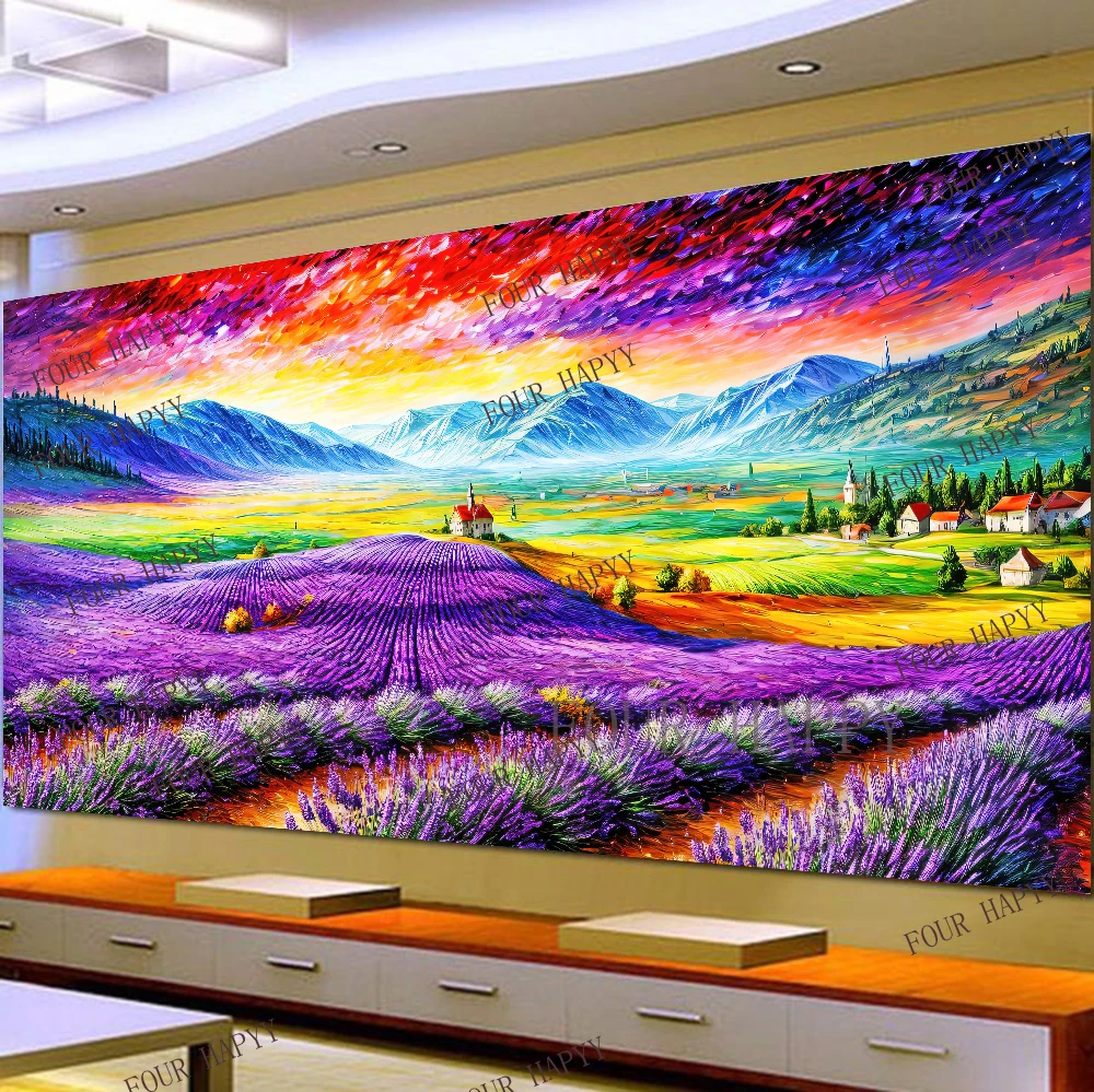 Pintura de diamante grande 5D DIY, campo de Cruz, lavanda, montañas, paisaje, arte de pared, taladro redondo completo, bordado, decoración del hogar