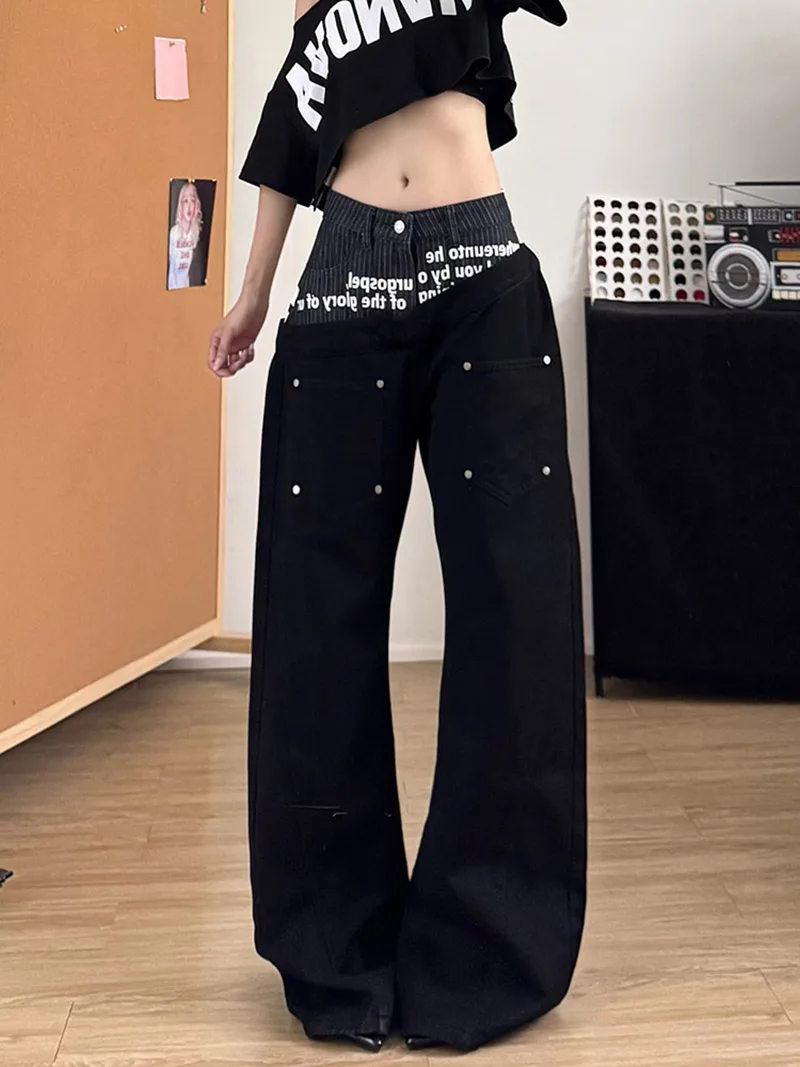 Black Double Waisted Printed Jeans 2026 Autumn New Color Contrasting Rivet Casual Pants Women's High Waisted Straight Leg Pants