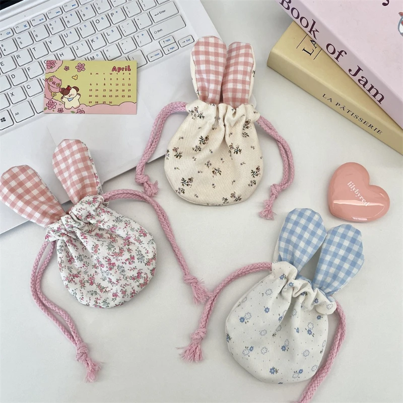 

Cute Rabbit Ears Women's Small Drawstring Storage Bags Outdoor Portable Lipstick Cosmetic Bag Plaid Floral Makeup Clutch Purse