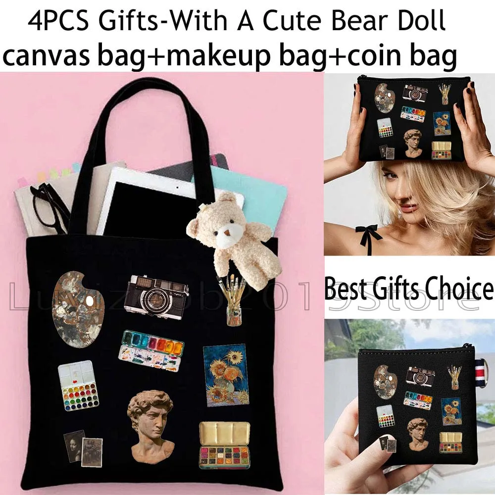 4PCS Gifts Cute Floral Flashback Classic Camera Black Canvas Tote Bag Handbag,Cosmetic Makeup Bag,Coin Purse Wallet Zipper Pouch