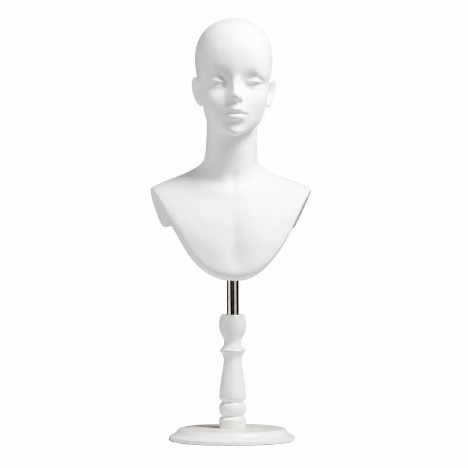 Smooth Feature Mannequin Head Display with Wood Base for Hairpiece Wig Necklace Salon Counter