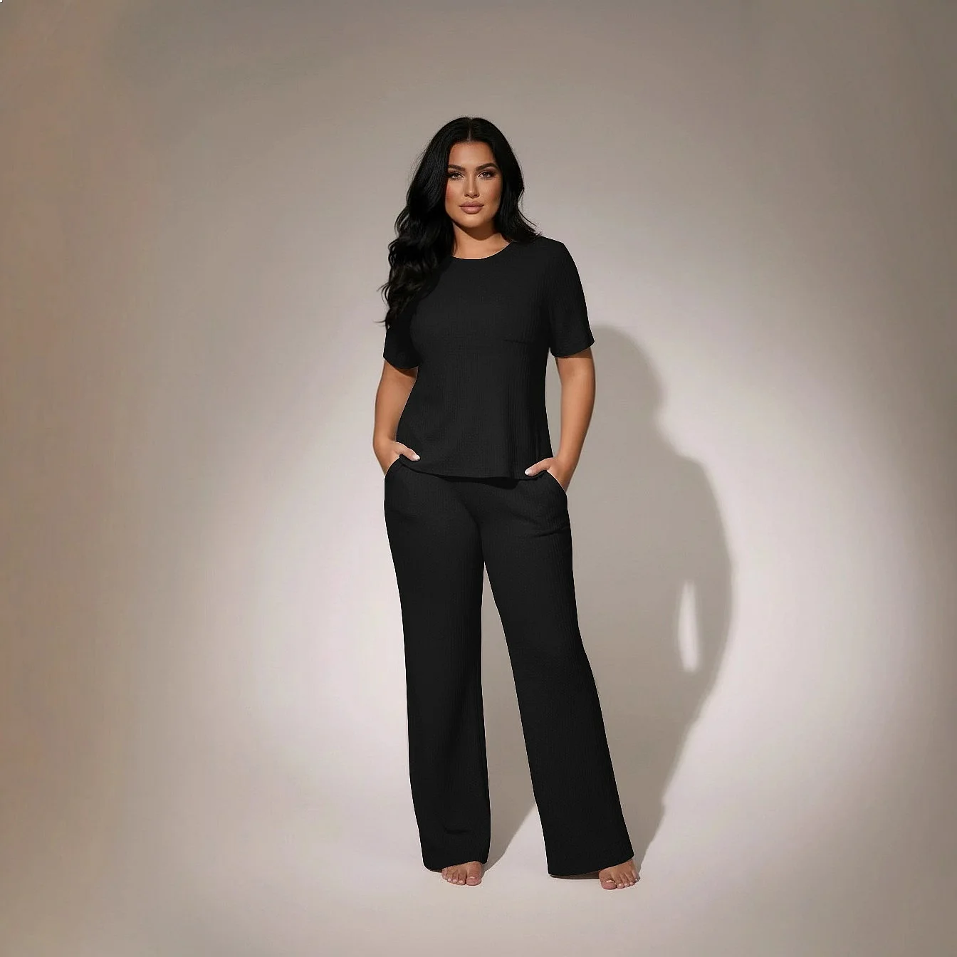 Women's 2 Piece Lounge Set Short Sleeve Top Long Pants Knit Matching Set Casual Tracksuit
