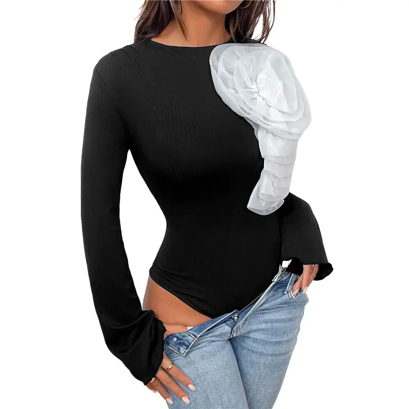 

CYL-Women's Crew Neck Long Ruffle Sleeve Stretch Solid Basic Tee Shirts Tops