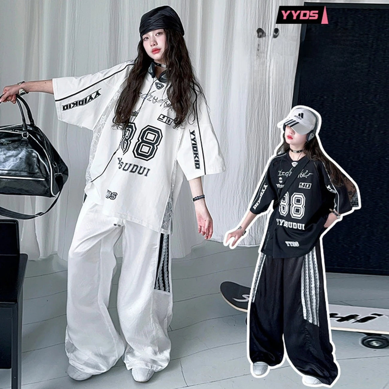 Mädchen Sommer Spitze Spleißen T-Shirt mit coolem Digitaldruck Kurzarm lose Freizeithose Hip-Hop Sport Mode Set