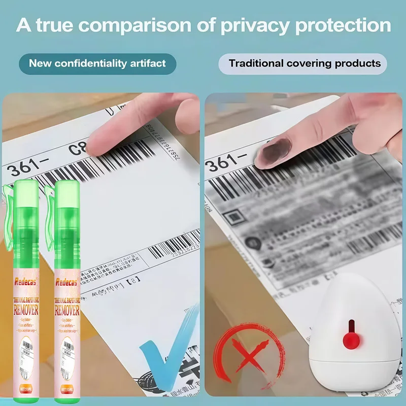 Picture 6: Thermal Paper Privacy Spray, Safe Info Protection, Convenient Nozzle, Easy Spray‑and‑Wipe, Erase Data on Bills & Shipping Labels
