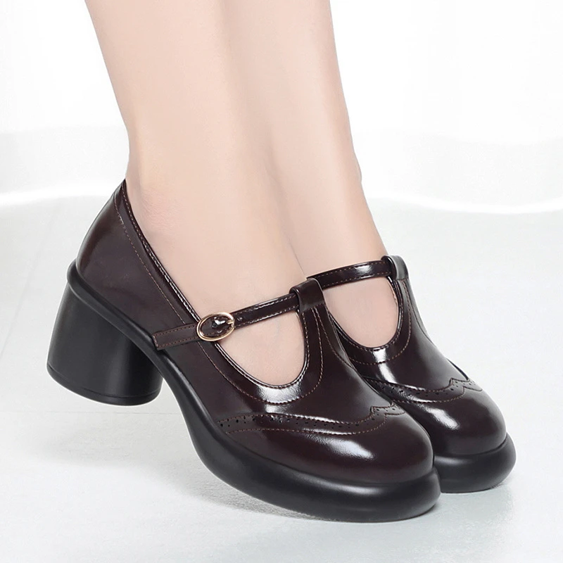 

Brown Leather T Strap With Brogue Platform Block Heel Round Toe Buckle Ankle Strap Retro Vintage Style For Ladies School Daily