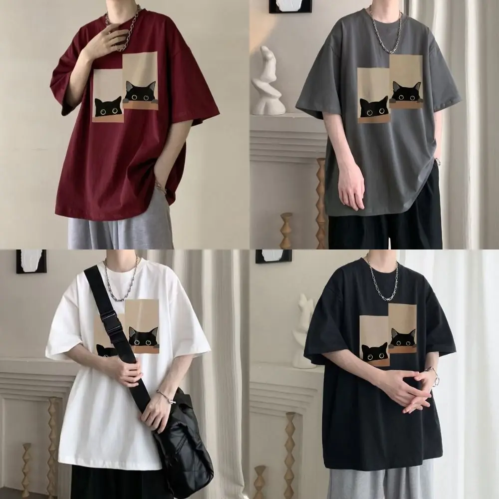 

Универсальные мужские хлопковые футболки Y2K, пуловеры с котом, футболки для пар, уличная одежда, свободный топ с короткими рукавами, летний