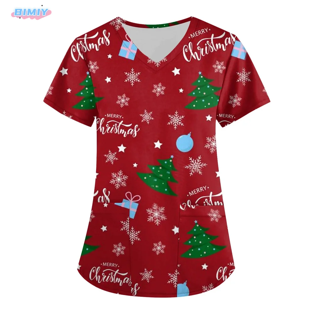 Kerst Vrouwen Scrub Tops Sneeuwpop met Zakken Korte Mouw V-hals Verpleging Kerst Zachte Uniform Scrubs voor Vrouwen Gedrukt Christma