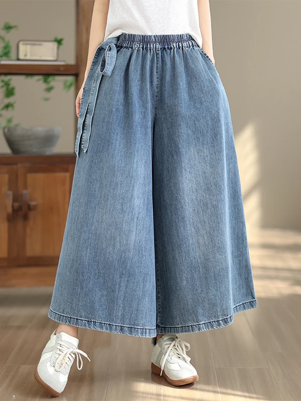

Authentic Casual Washed Denim Wide Leg Pants Women's Loose Fit Jeans Natural Waist Cotton 100% Four Seasons Universal
