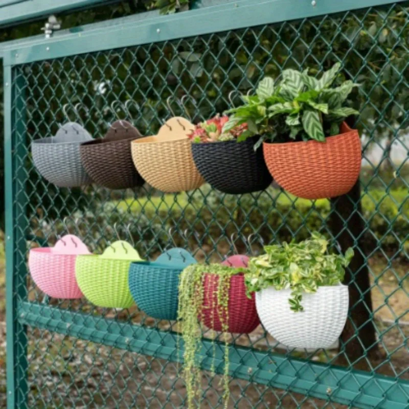 European Style Imitation Rattan Wall Hanging Half Round Flowerpot Planter Semicircular Wall Flower Pot Balcony Household Outdoor
