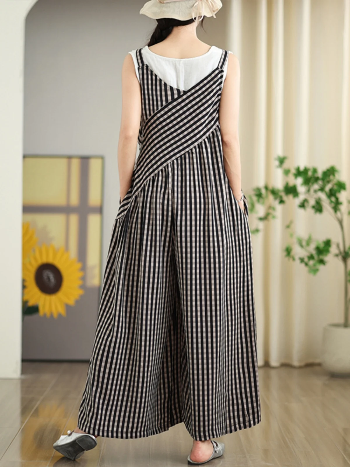 بدلة صيفية واسعة الأرجل من القطن والكتان للنساء، بدون أكمام، برقبة على شكل V، بنطلون عالي الخصر، أنيق وعصري للاستخدام اليومي.