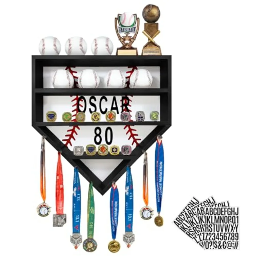 Baseball Ring Display Case, Wall Mount Baseball Display for Balls Wooden, Wooden Baseball Ring Holder with 13 Ring Posts for Ba