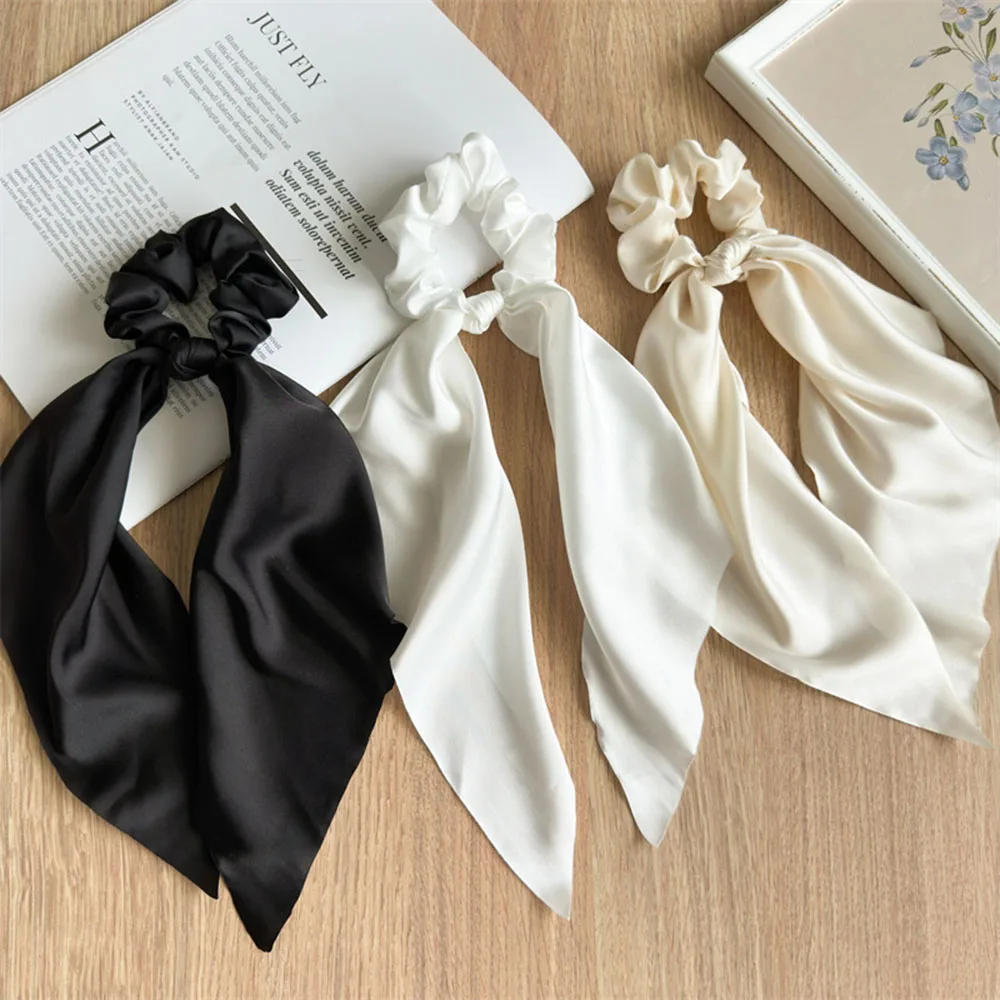 Satin Bow Scrunchies Long Ribbon Elastic Hair Bands For Women Girls Ponytail Scarf Solid Color Silk hair Ties Hair Accessories