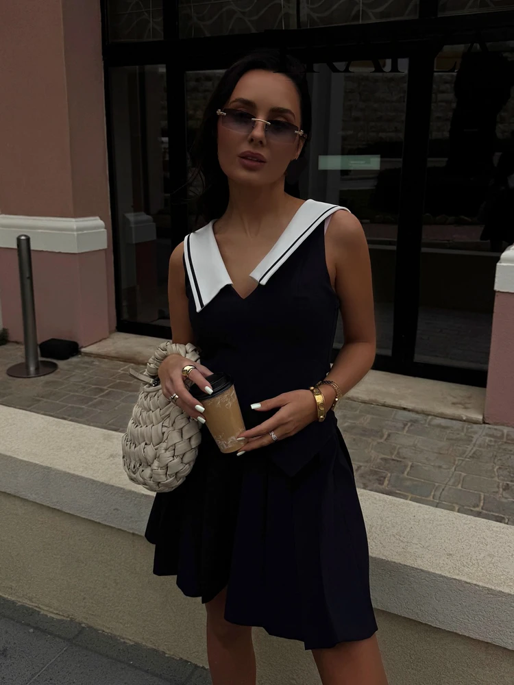 

TRAFZA Women Elegant Sexy Slim Solid Turn-down Collar Zipper A-Line Dress Summer Female Wide Fold Sleeveless Mini Dress Mujer