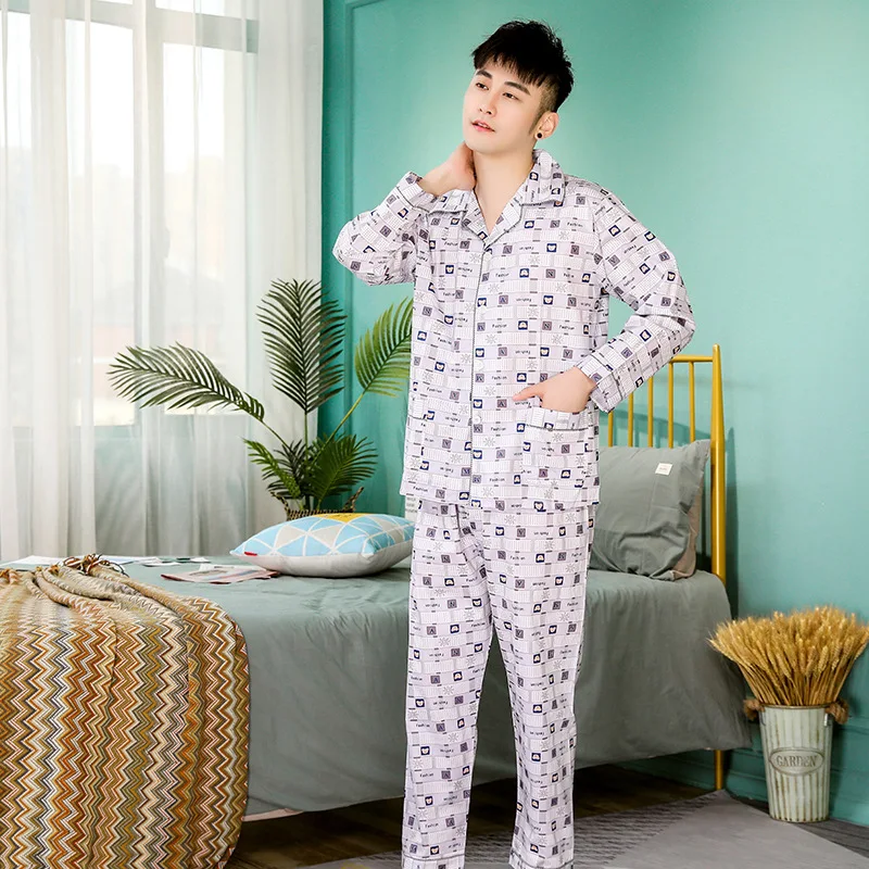 Conjuntos de pijama xadrez casual masculino, terno pijama masculino, manga comprida, gola virada para baixo, roupas de casa 100% algodão, primavera, outono