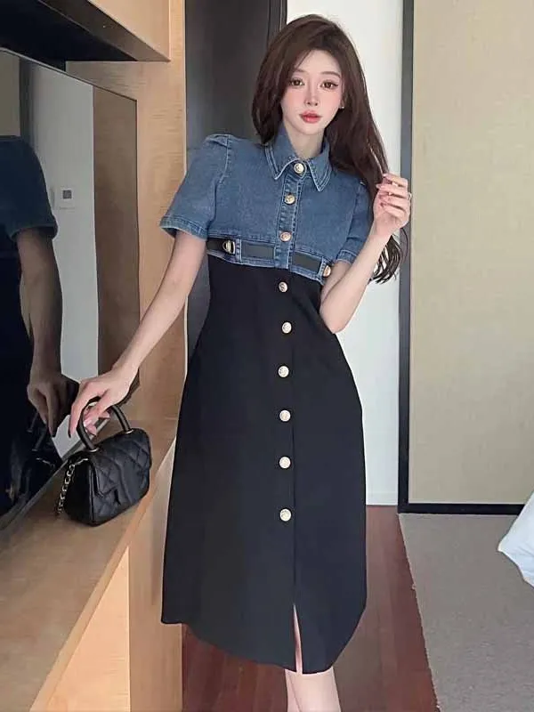 2024 Summer Fake Two Piece Denim Splicing Polo Neck Single Breasted Short Sleeve Dress Women Cinching Waist Slim Long Dress 02FB