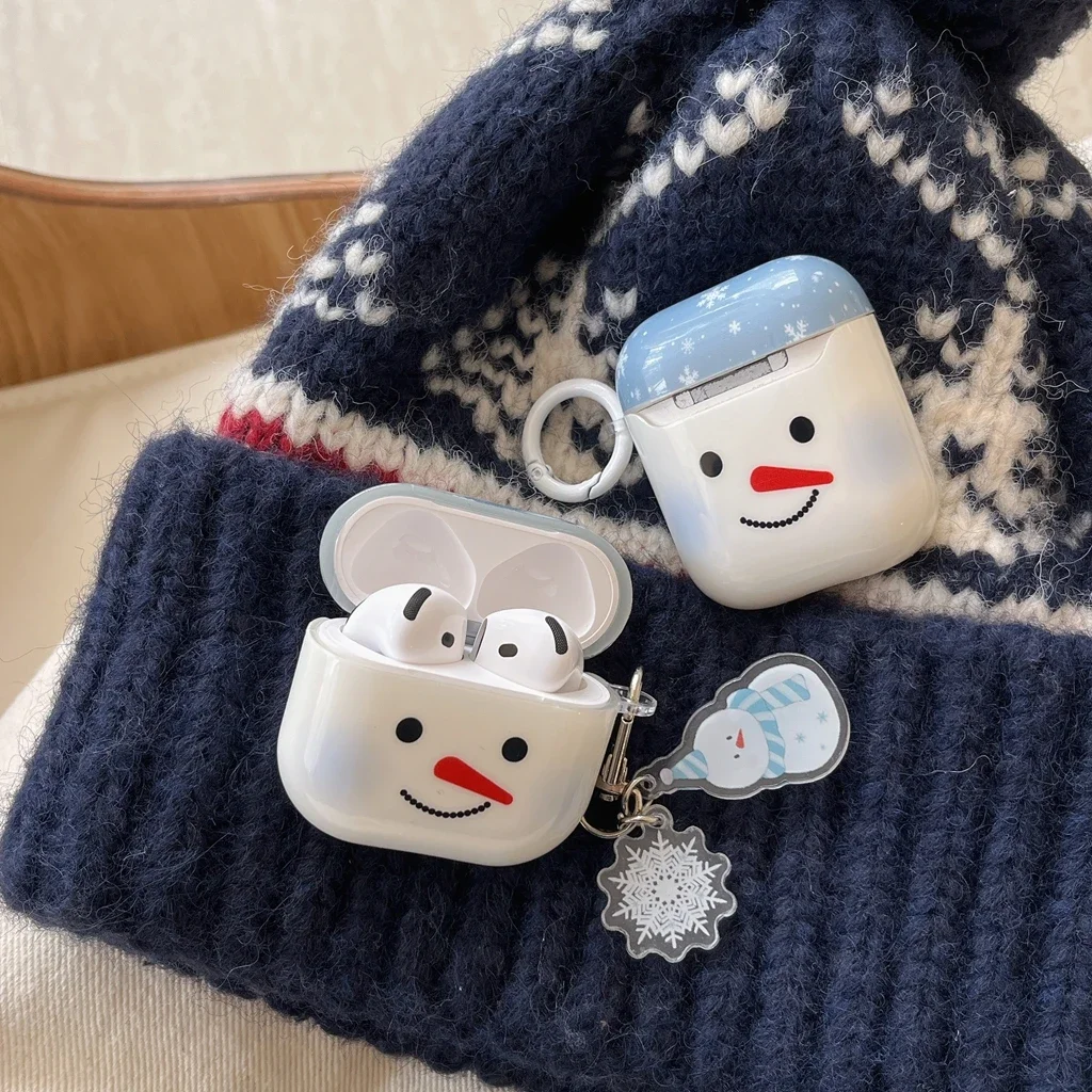 Cute Winter Snowman Snowflake Pendant Shockproof Protective Case Cover for AirPods 1 or 2 3 4 AirPods Pro Pro 2