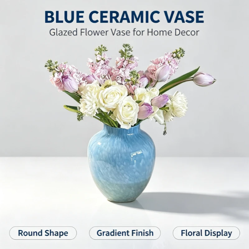 Blue Crackle Glass Vase, Flower Holder for Fresh & Dried Flowers, Modern Home Decor for Living Room & Tabletop