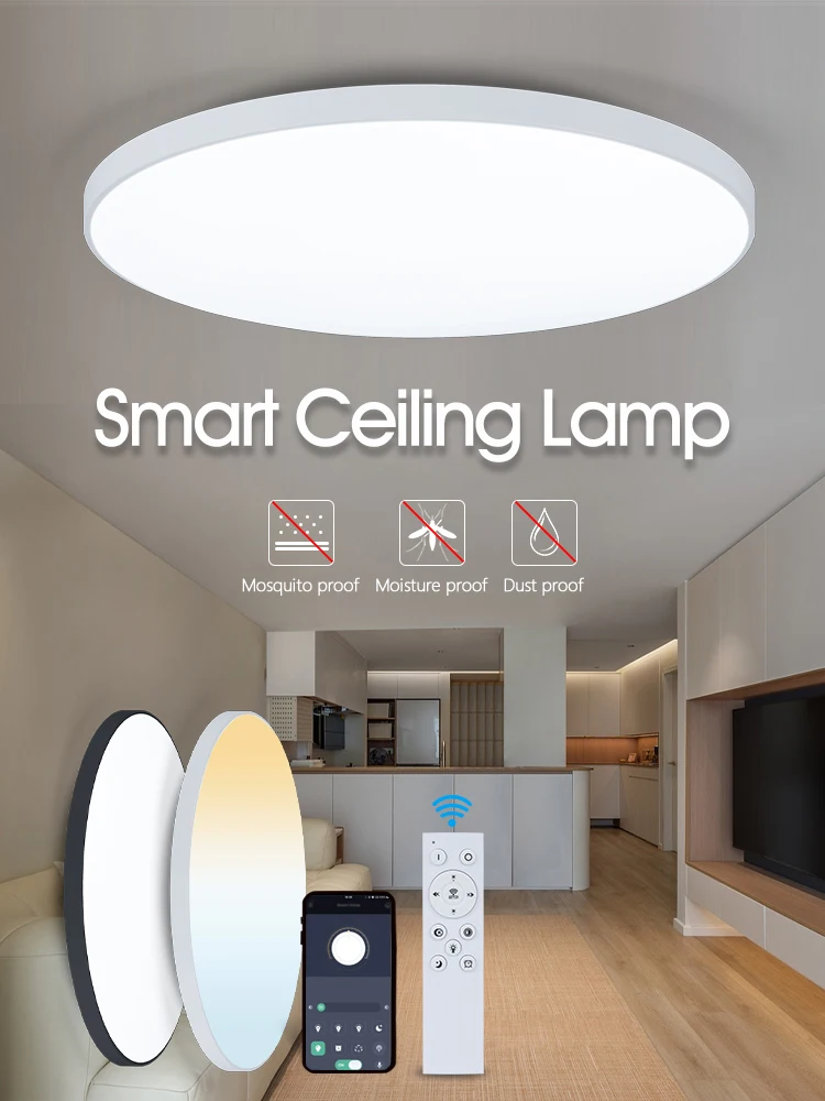 Moderne Smarte LED-Deckenleuchten 3-Farben Dimmbar Staub- und Feuchtigkeitsbeständig Runde Aufputz-Leuchte für Wohnzimmer Badezimmer Heim Innenbeleuchtung