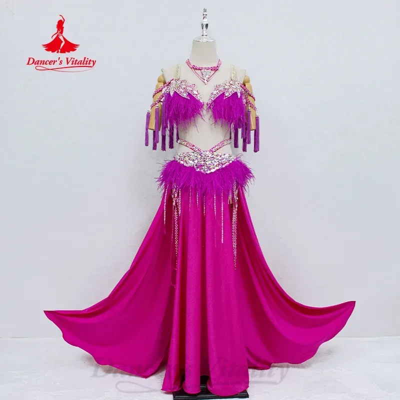 BellyDance Costume Women Customized High-end Feather Bra+Luxury Rhinestones Long Skirt 2pcs Oriental Dance Performance Outfit