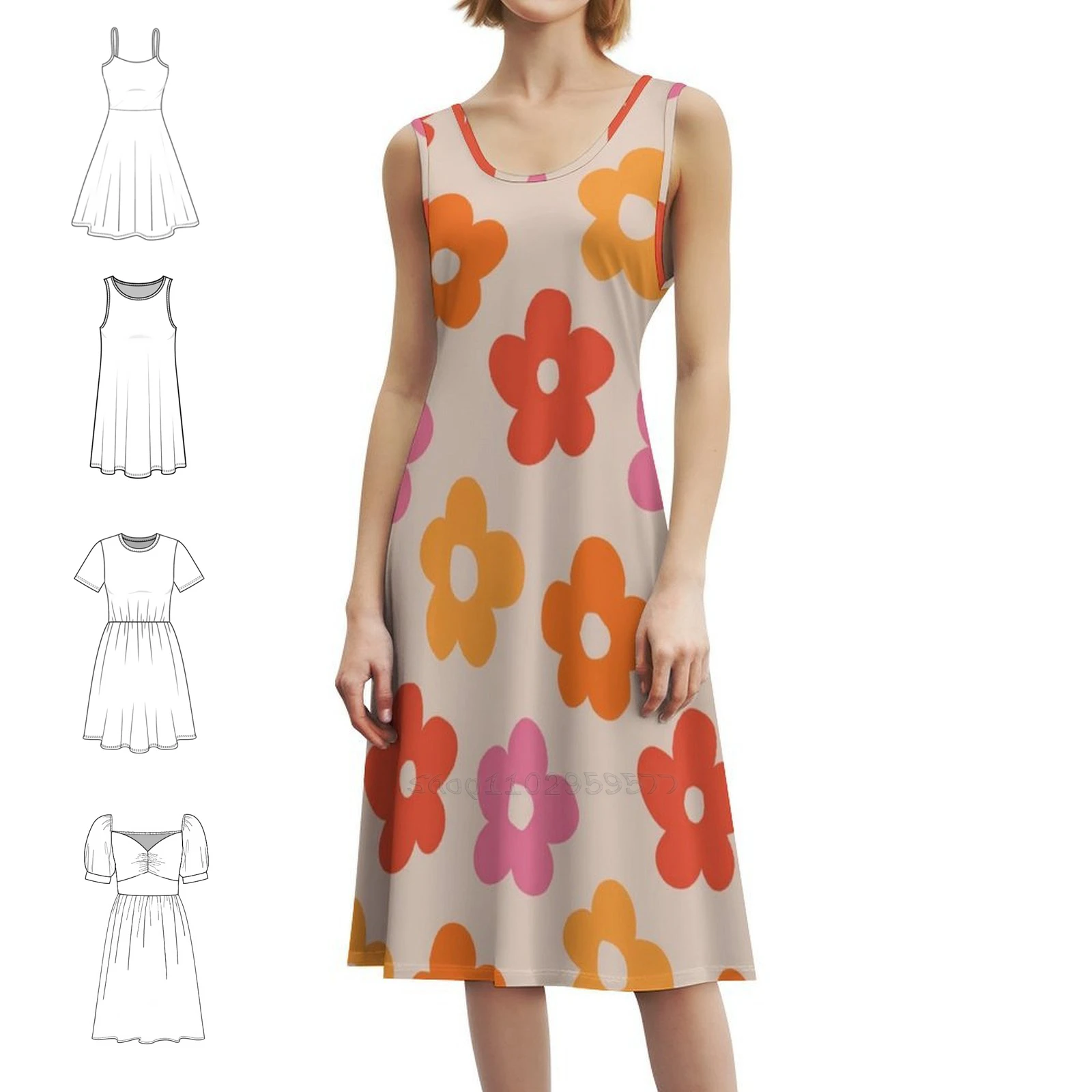 نمط الزهور الرجعية 60S 70S # نمط # فستان بوهيمي عتيق بأكمام منتفخة أو خيارات بدون أكمام للنساء فستان ريترو