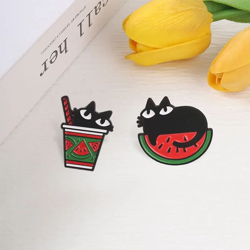 Fashion Commuter Summer Watermelon Black Cat Enamel Brooch Drink Cup Cartoon Badge Pin Decoration For DIY Clothing Bag Hat Scarf