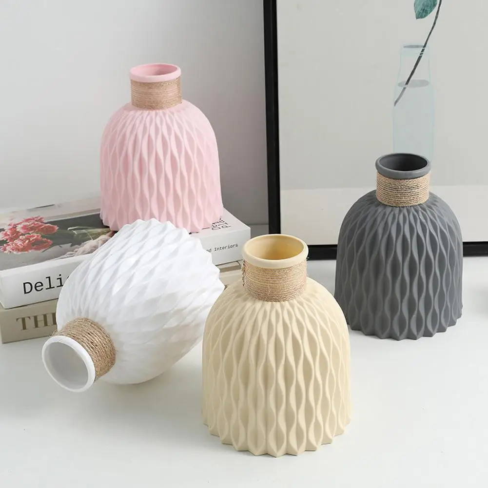 Nordic Flower Vase Imitation Ceramic Moire Artificial Flower Vase Living Room Desktop Decoration Wedding Centerpiece Arrangement