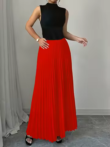 Women's Sleeveless Mock Neck Maxi Dress Contrast Color Smocked Waist Pleated Long Dress for Party Evening